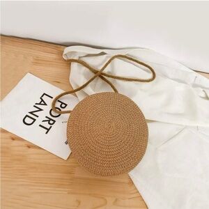 Round Tan Woven Crossbody Bag